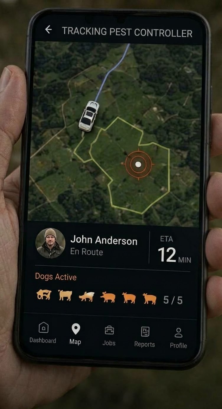 GateKey tracking screen showing a pest controller en route with ETA and active dogs