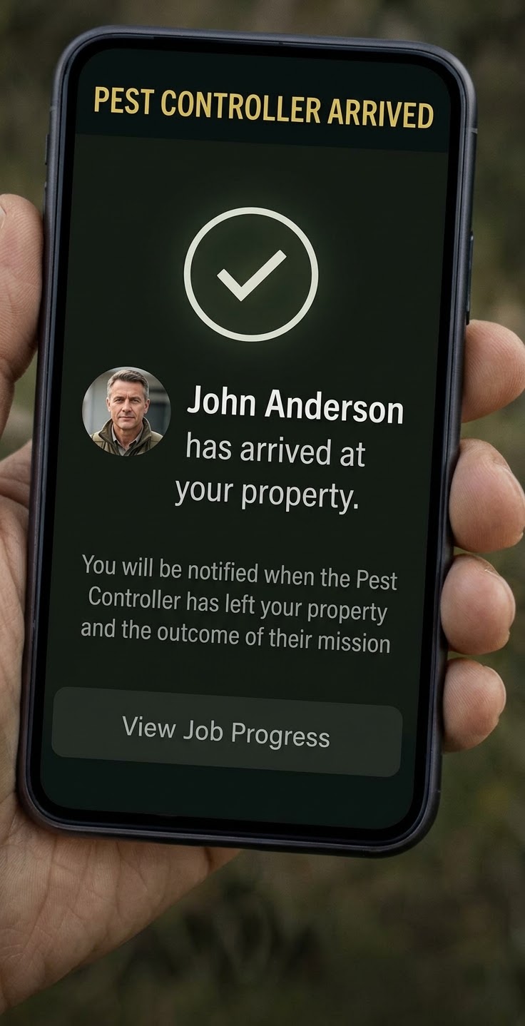GateKey notification showing a pest controller has arrived at the property