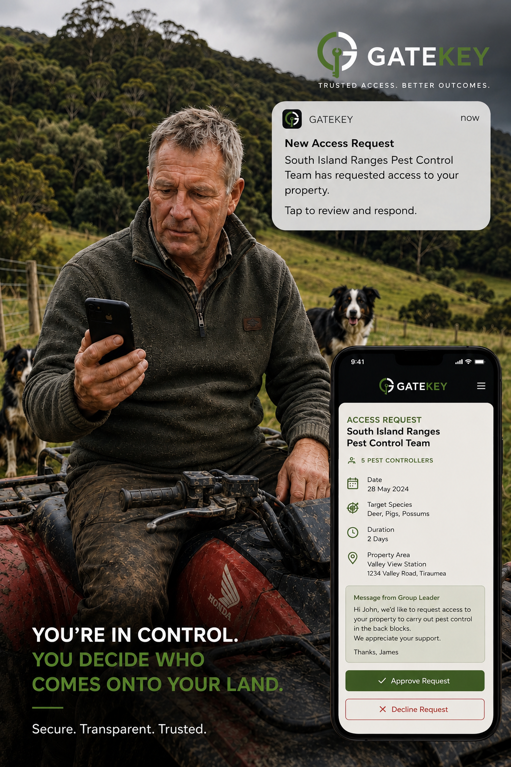 GateKey concept showing a landowner receiving and approving or declining a pest-control access request