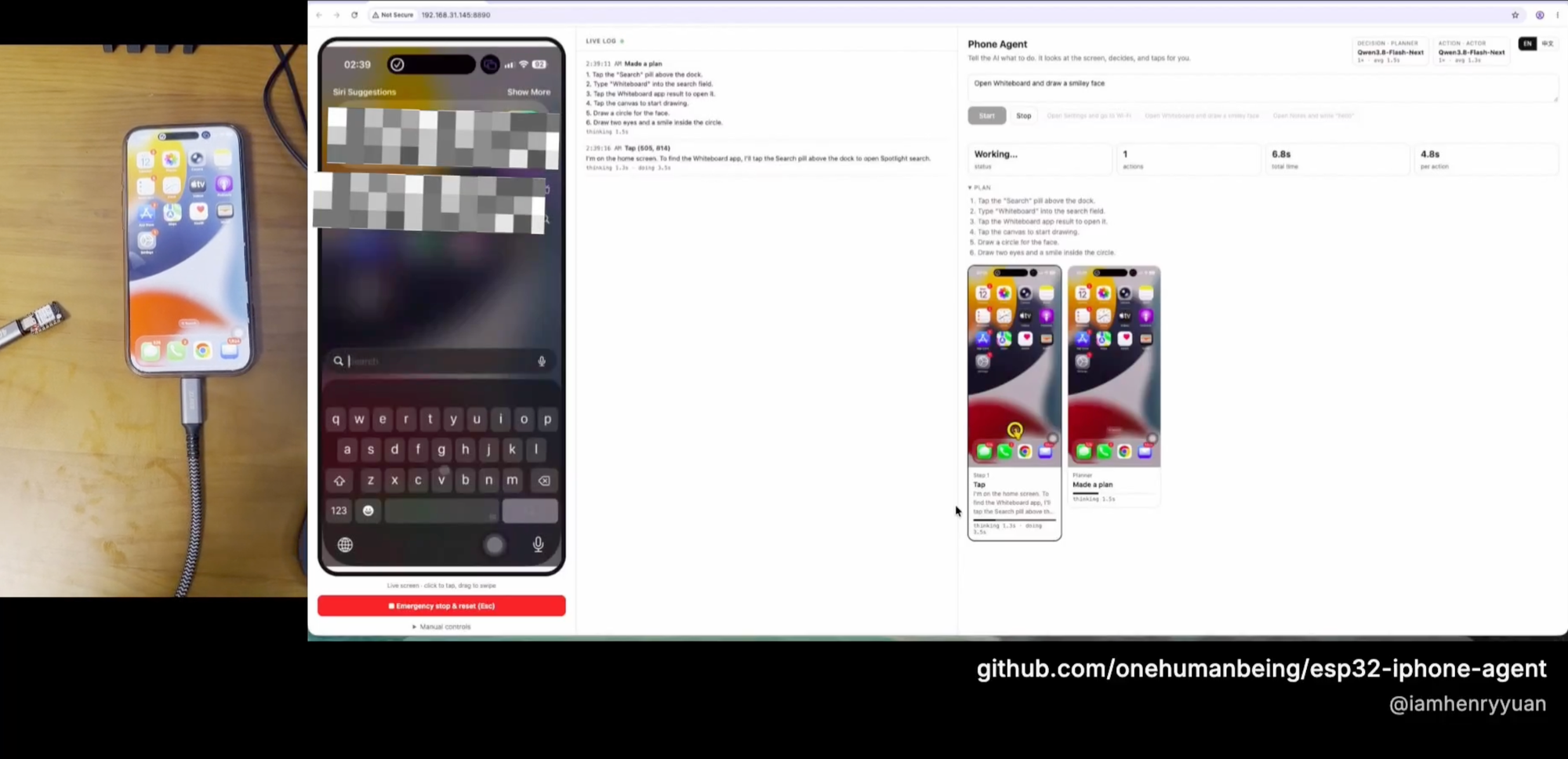A XIAO ESP32S3 plugged into an iPhone, next to the web UI