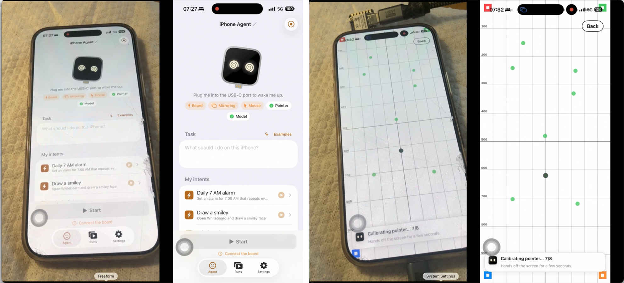 ESP32 Agent app: real phone vs. what the agent sees, and pointer calibration