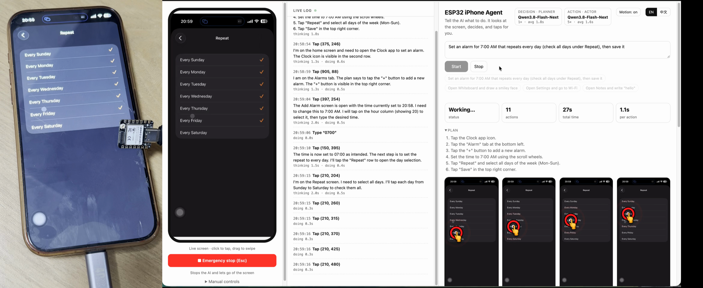Example 2: an iPhone with a XIAO ESP32S3 plugged in, setting an alarm that repeats every day, next to the web UI