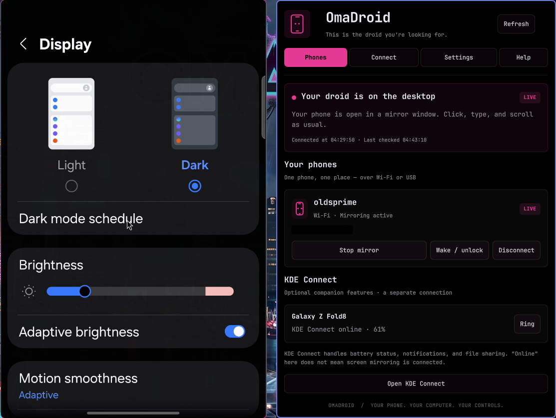 Live OmaDroid mirror and phone controls