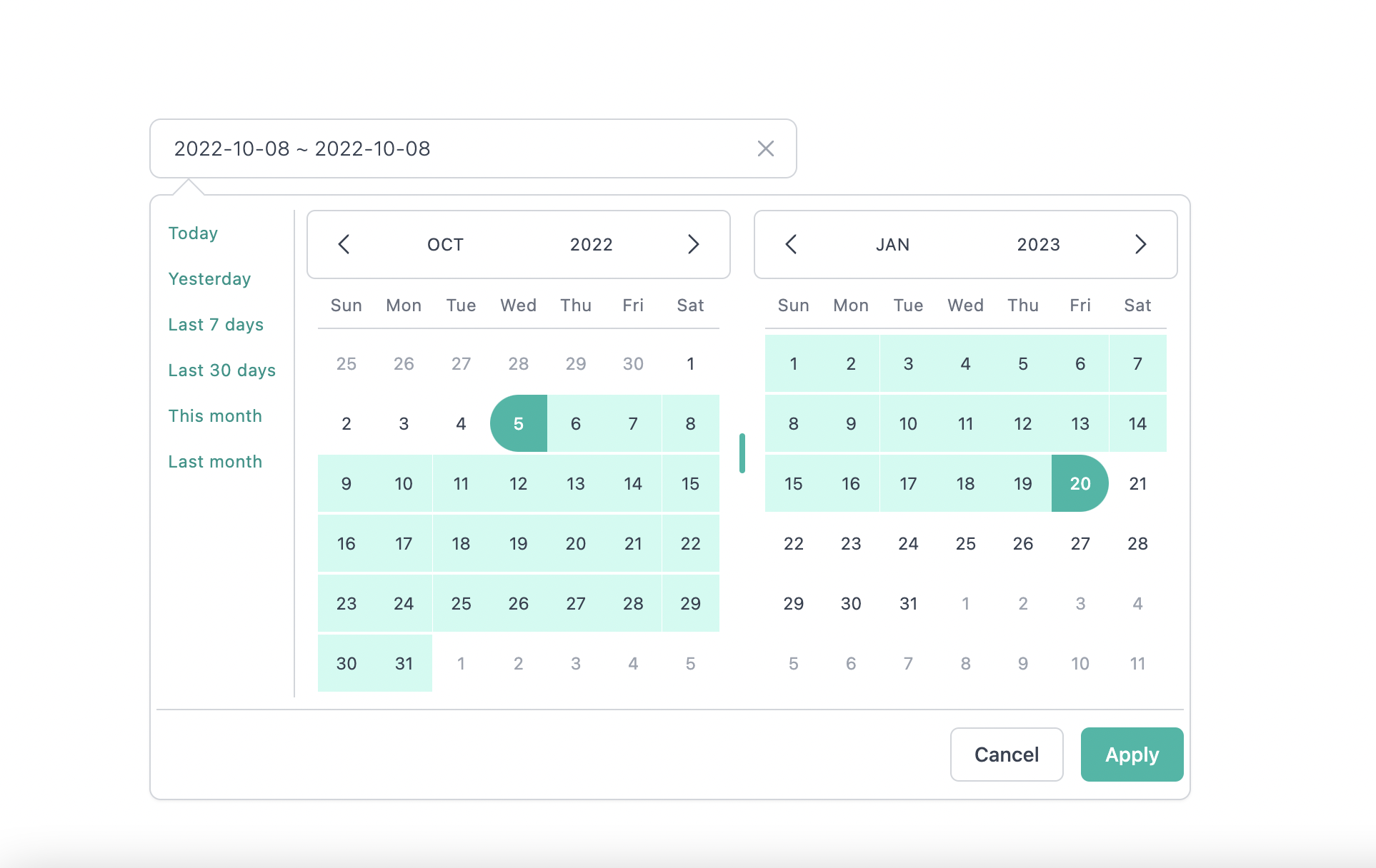 A modern date range picker component for React using Tailwind 3 and dayjs