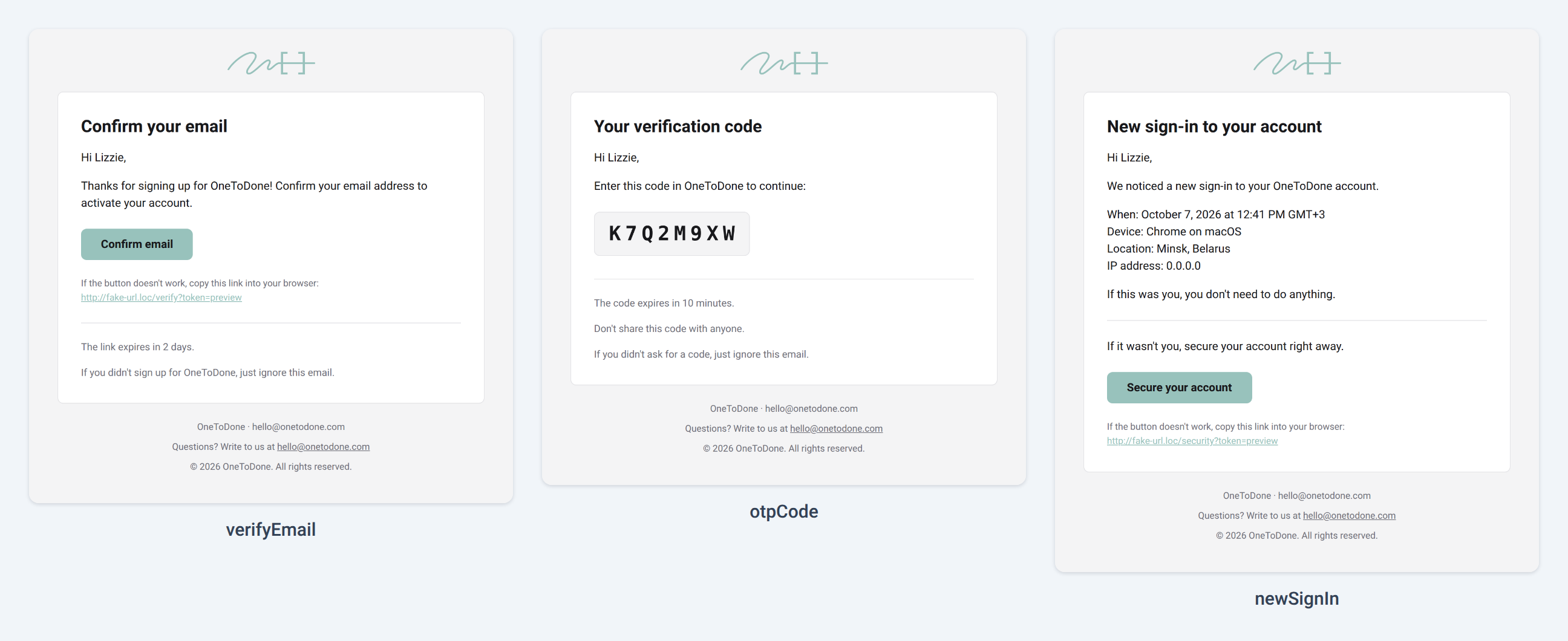 Three emails sent with @onetodone/mailer: email verification, a one-time code and a new sign-in notice