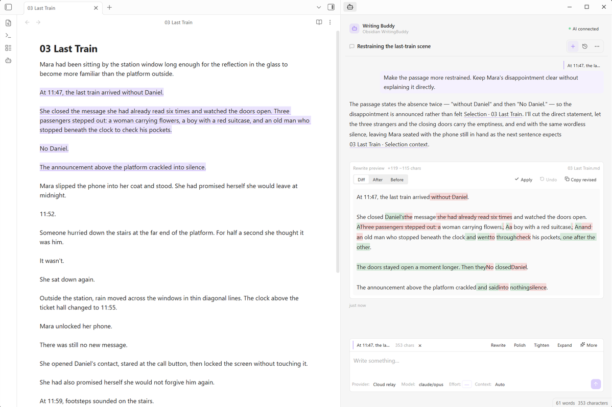 A selected passage alongside a proposed rewrite, highlighted differences, and the Apply button
