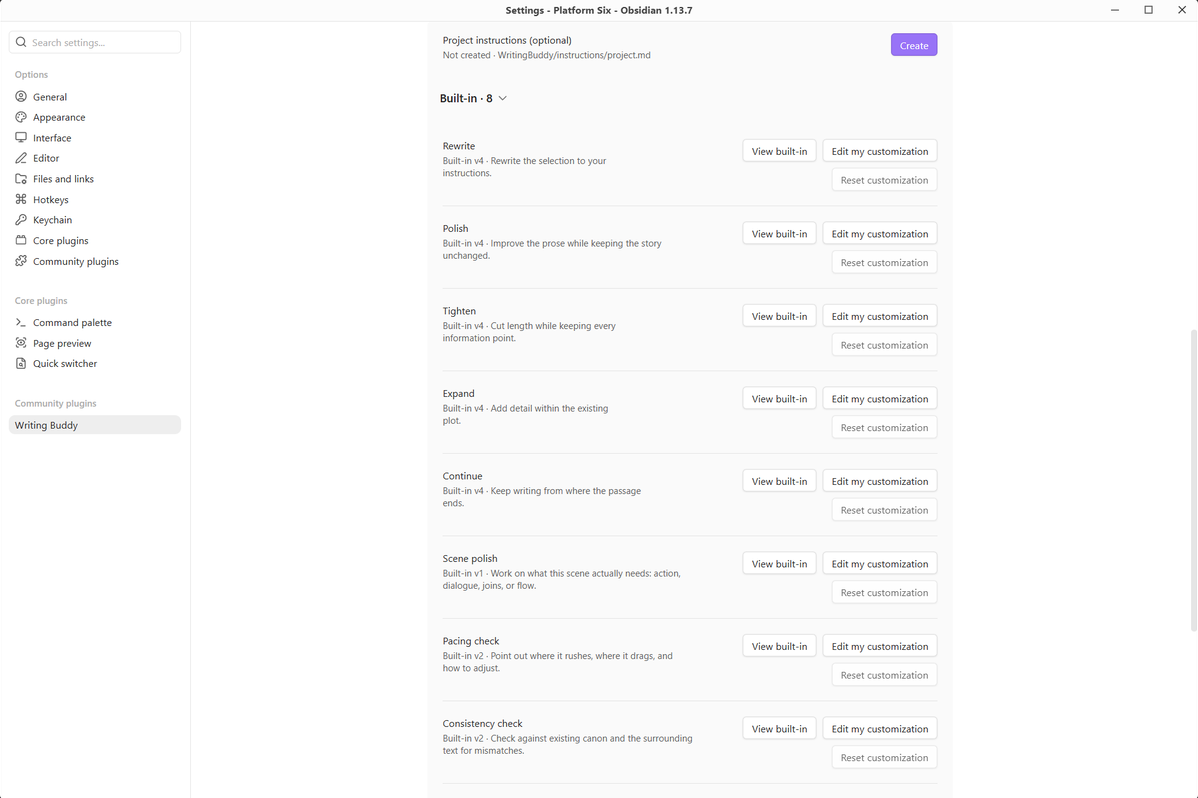 Eight built-in writing Skills with controls for viewing and customizing their instructions