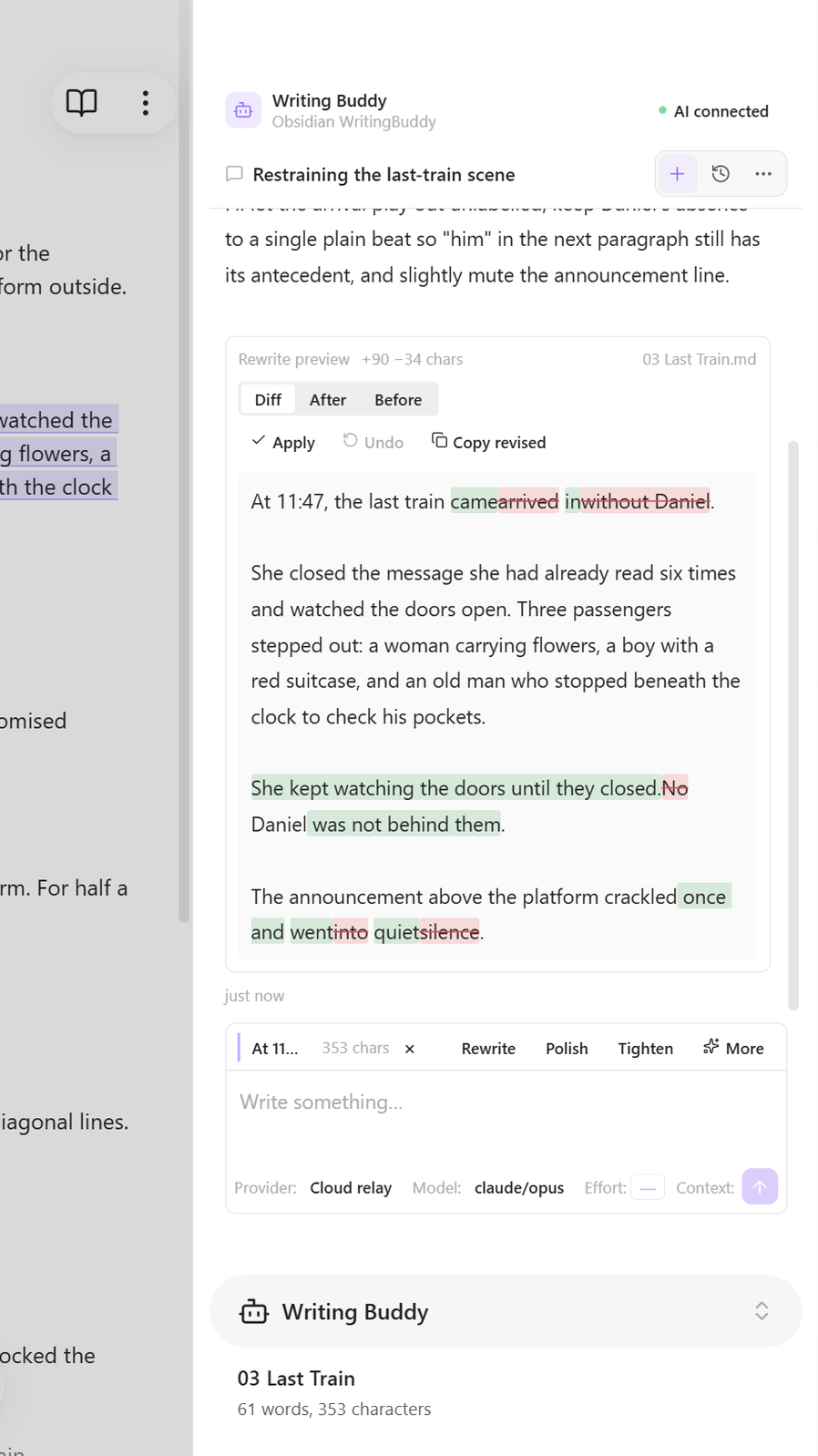 Writing Buddy rewrite review in a narrow layout, with Diff, Apply, and Undo controls