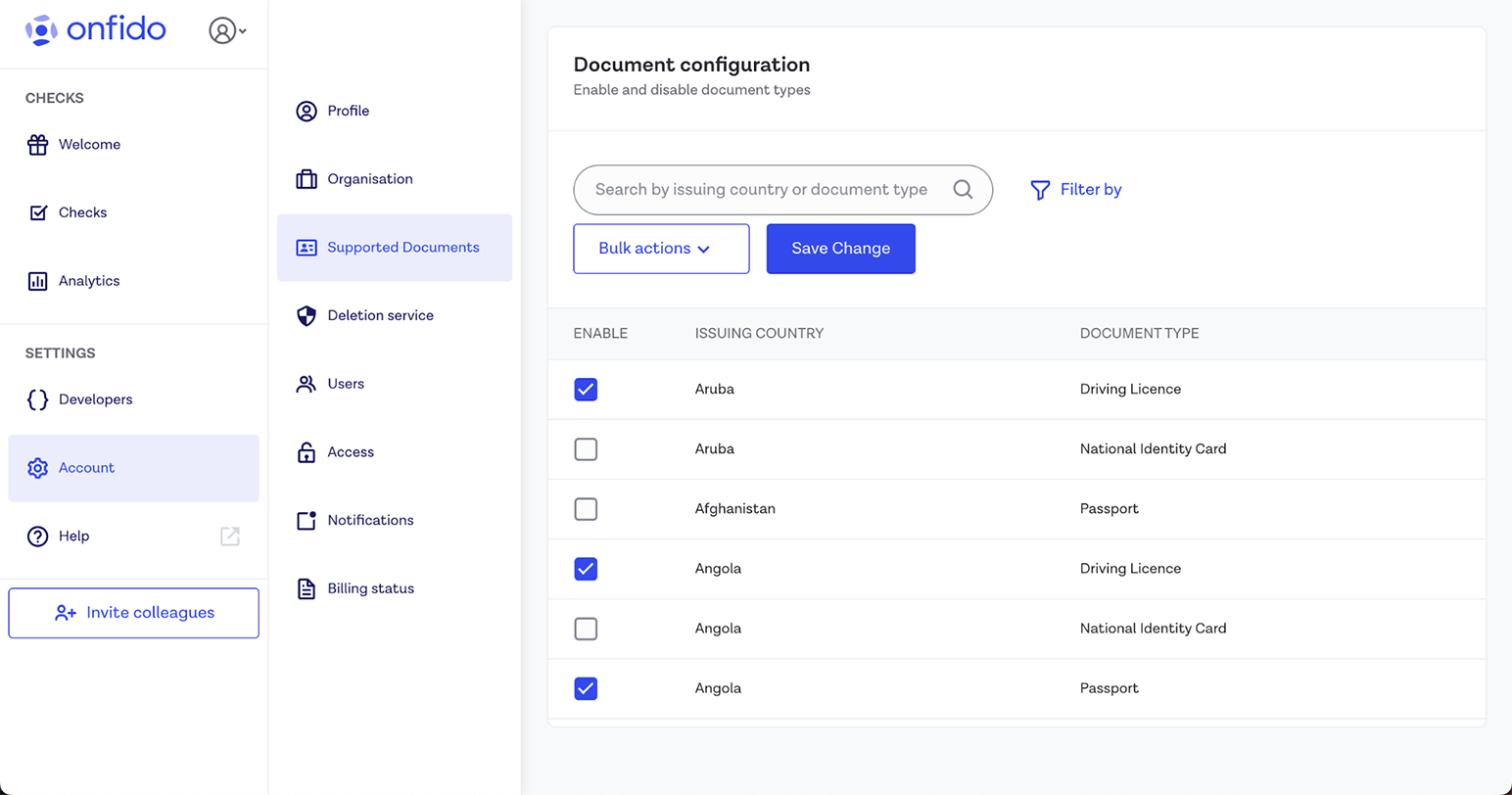 Dashboard country and document selection