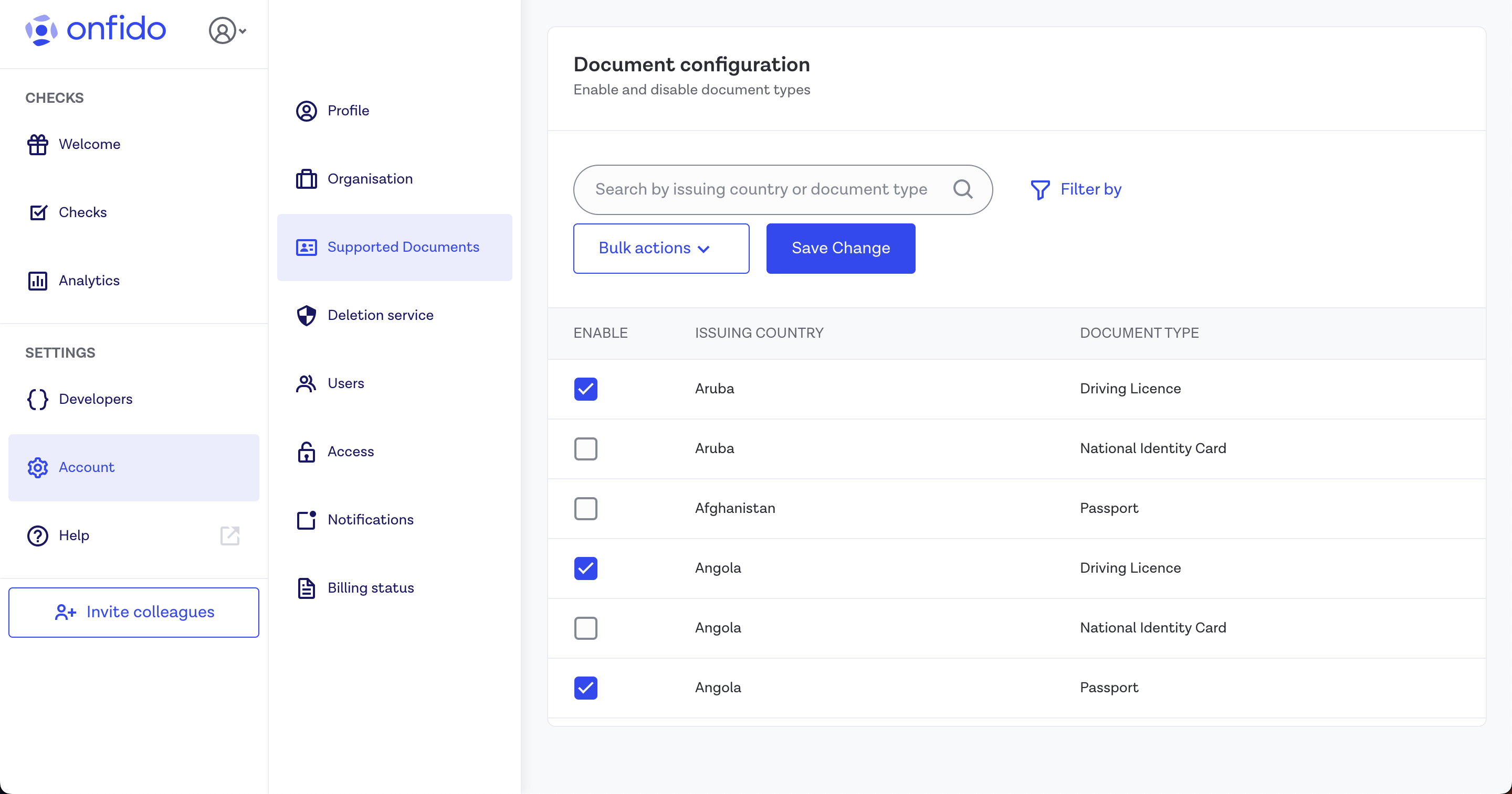 The Supported Documents tab in Dashboard