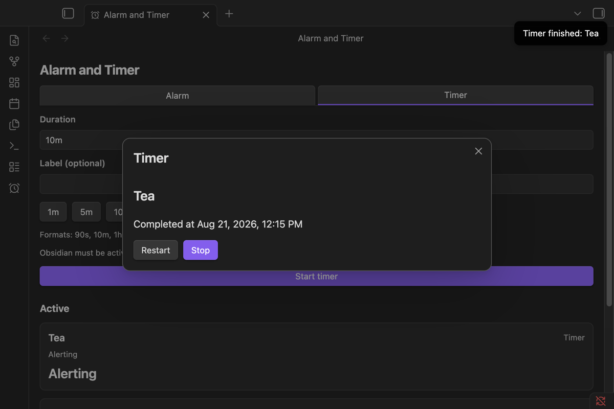 Timer alert offering Restart and Stop