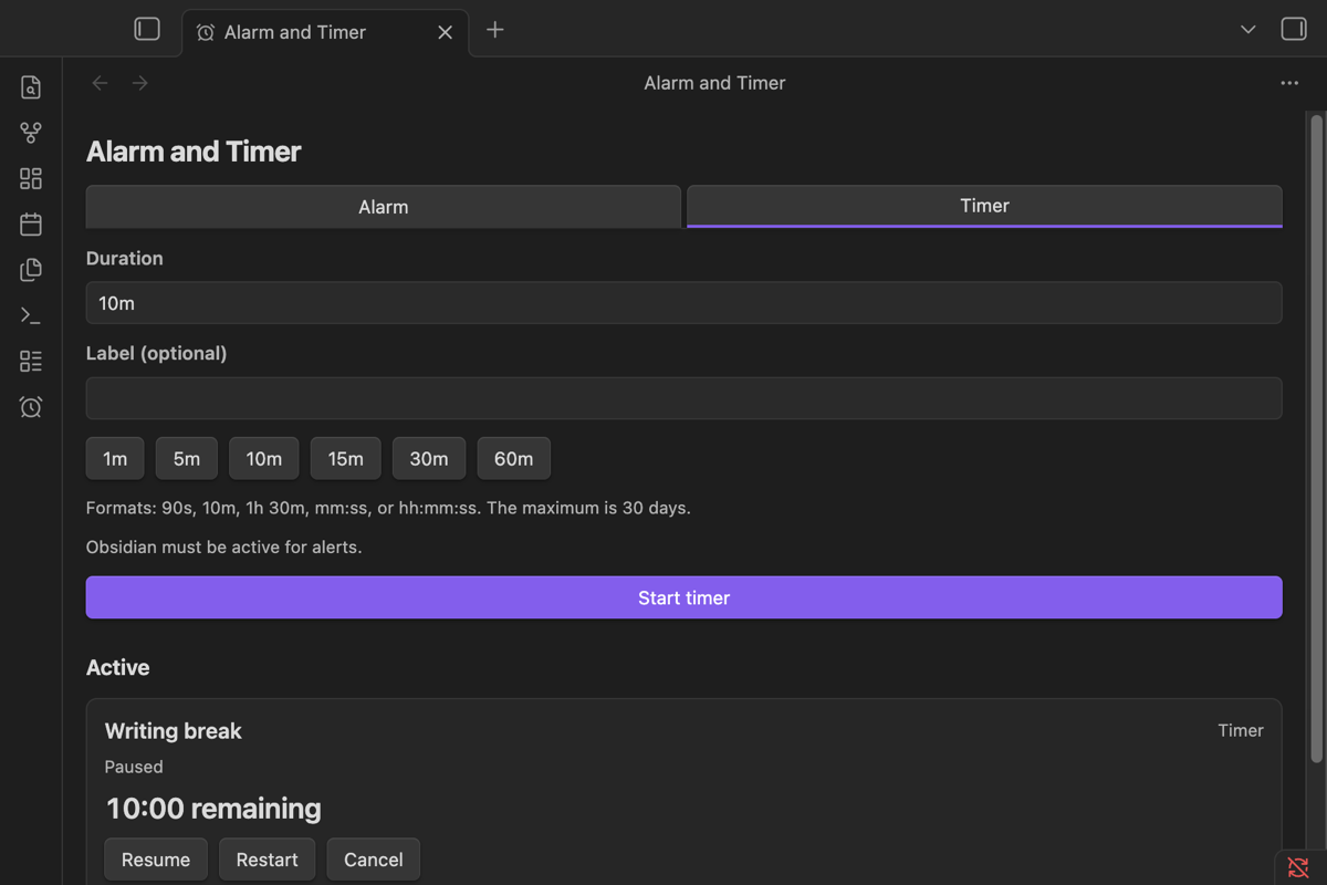 Timer form with active timer controls in the Alarm and Timer sidebar