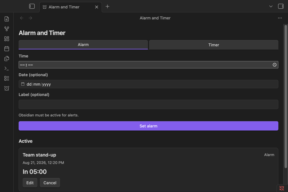 Alarm scheduling form and active alarms in the Alarm and Timer sidebar