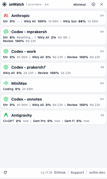onWatch menubar companion minimal mode in light theme