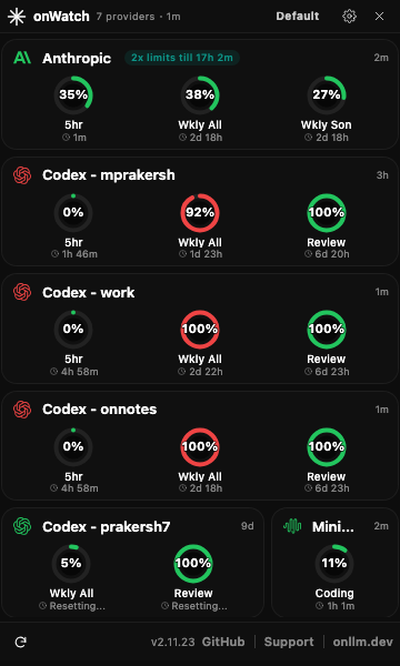 onWatch menubar companion standard mode in dark theme