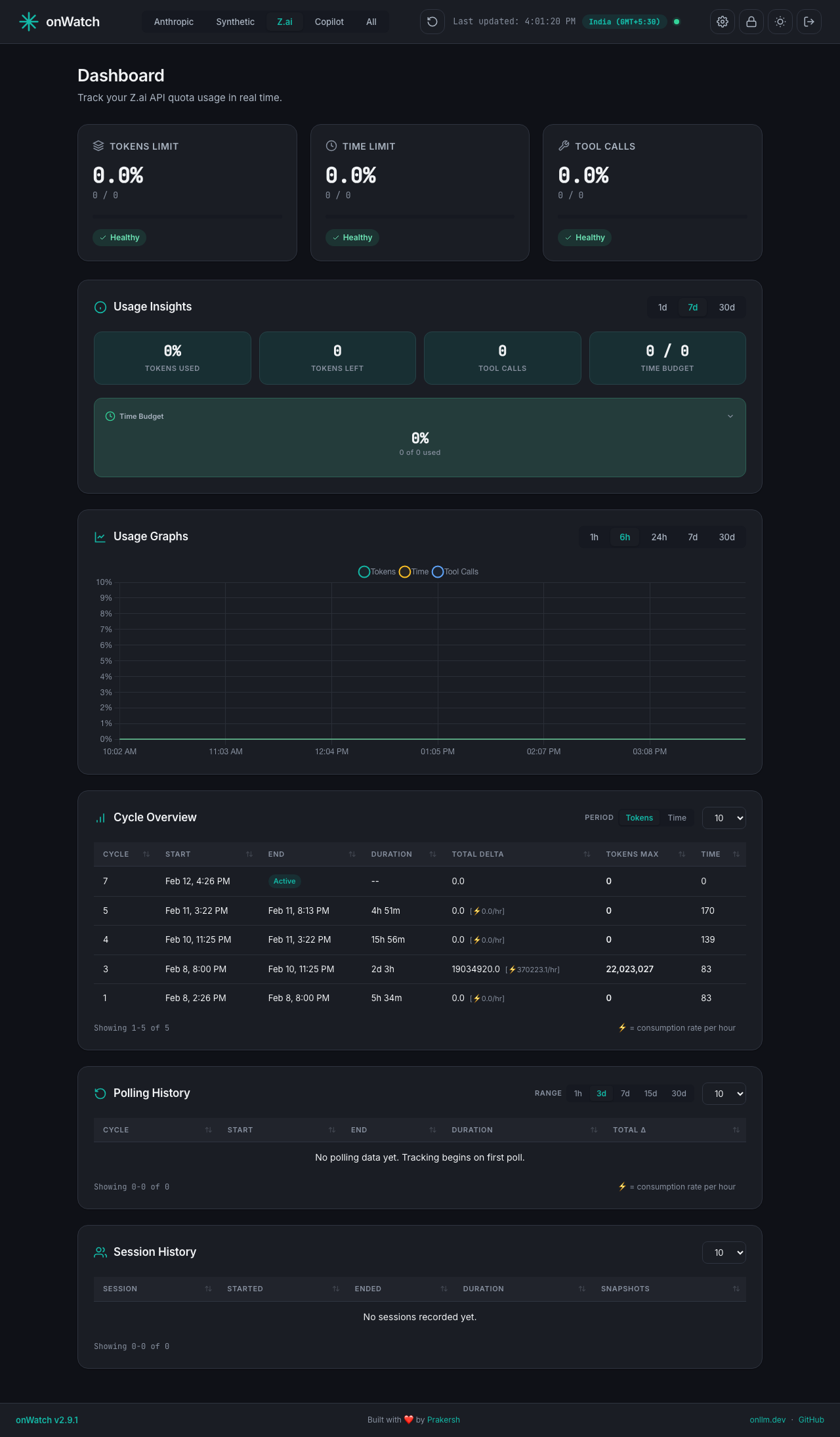 onWatch Z.ai provider dashboard in dark mode - tokens and time quotas