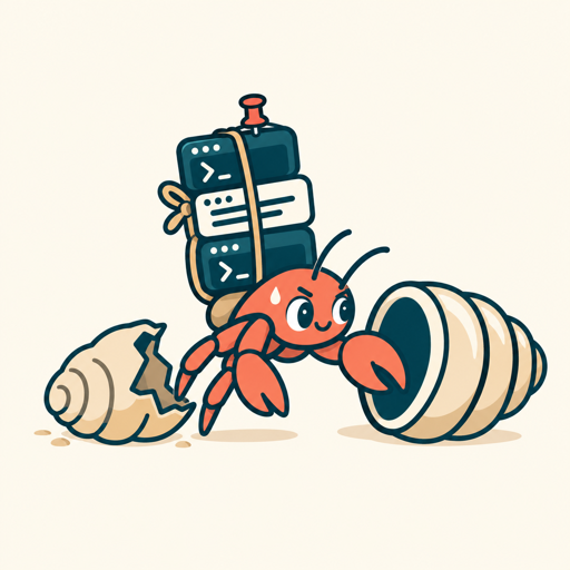 claude-migrate mascot: a hermit crab leaving a small cracked shell for a bigger one, carrying a stack of terminal sessions with a pushpin