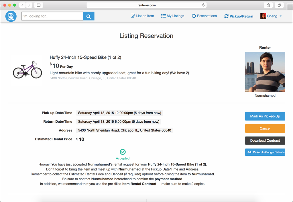 Screenshot of Listing Reservation Page