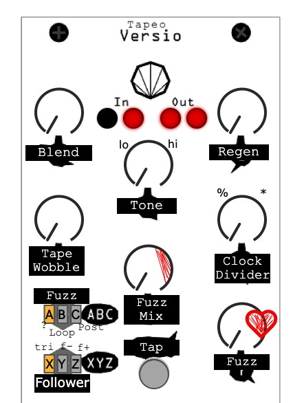 Tapeo Versio panel overlay labelling Blend, Regen, Tone, Tape Wobble, Fuzz Mix and Clock Divider controls