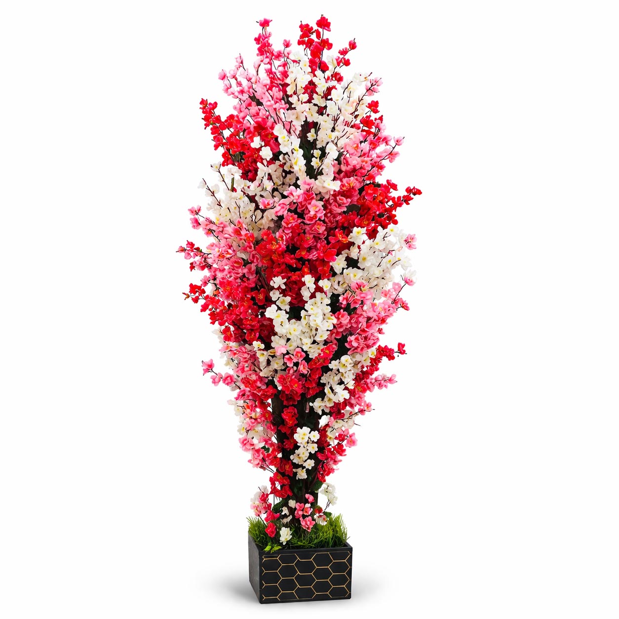Artificial cherry blossom tree featuring vibrant pink, red, and white flowers arranged in a dense, conical shape.