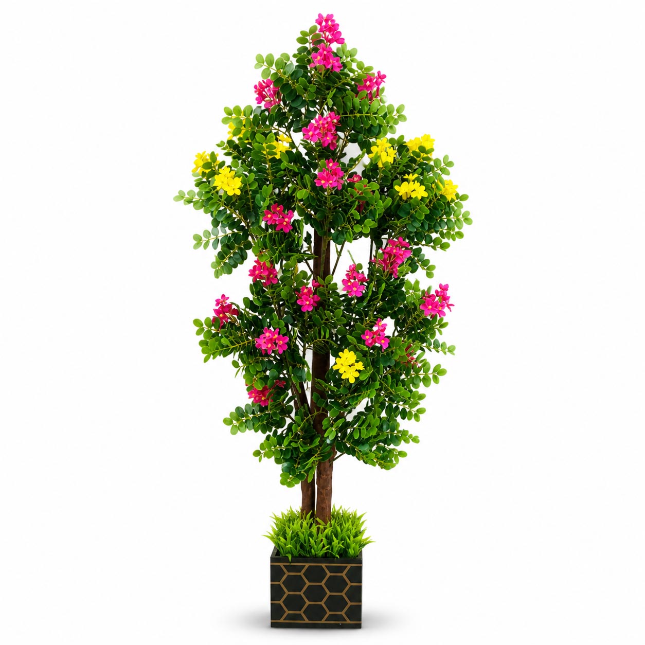 5-foot artificial bougainvillea potted tree featuring pink and yellow flowers