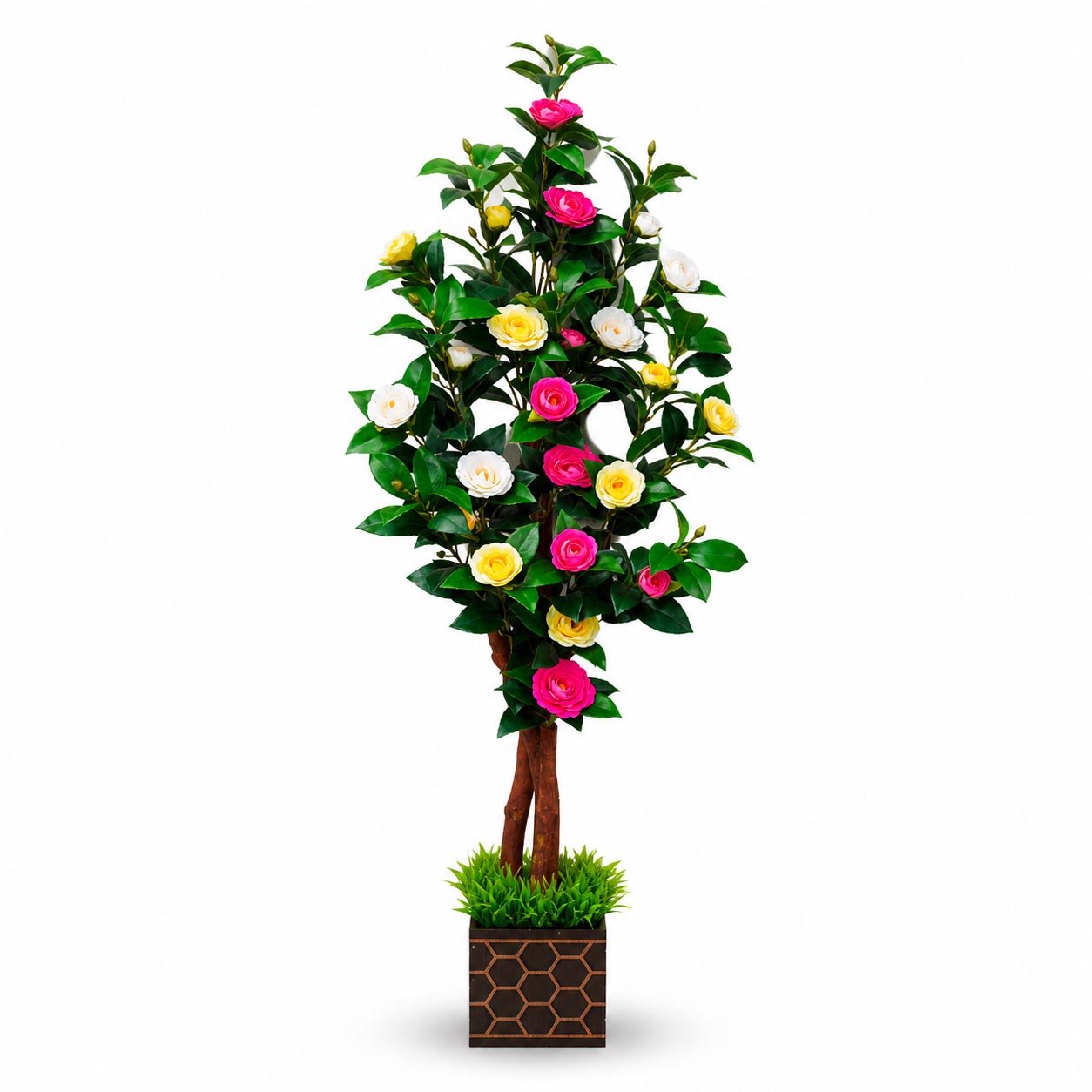 Artificial topiary camellia tree featuring multi-colored blooms