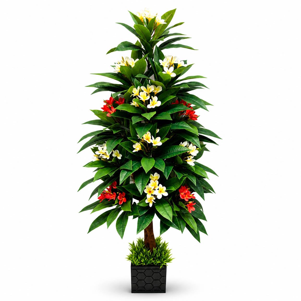 Artificial Plumeria or Frangipani tree featuring layered green foliage, yellow and white blooms