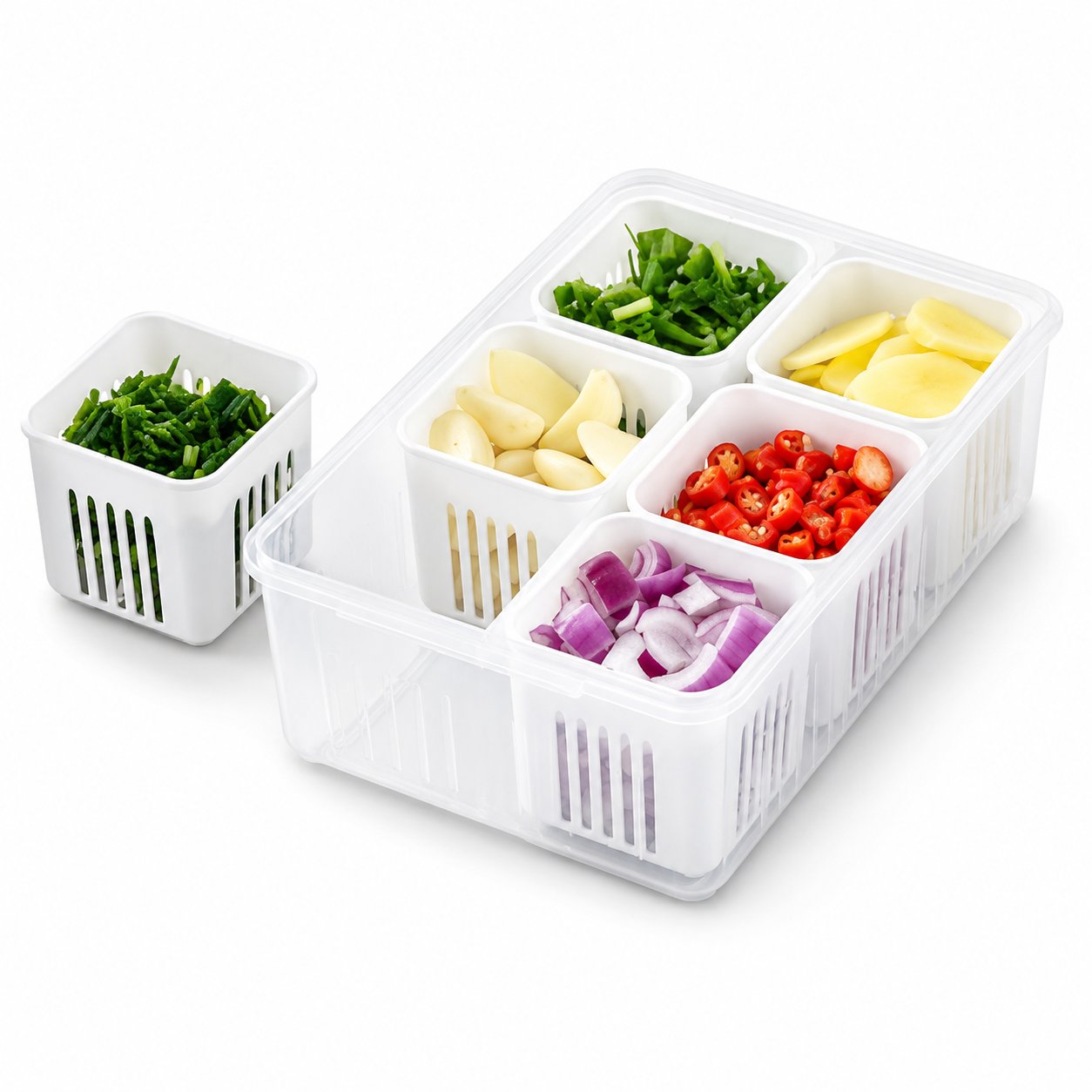 Refrigerator Storage Box 6 Grid Food Vegetable Fruit Storage Box Fridge Organizer Drain Basket Meat Onion Ginger Clear Crisper