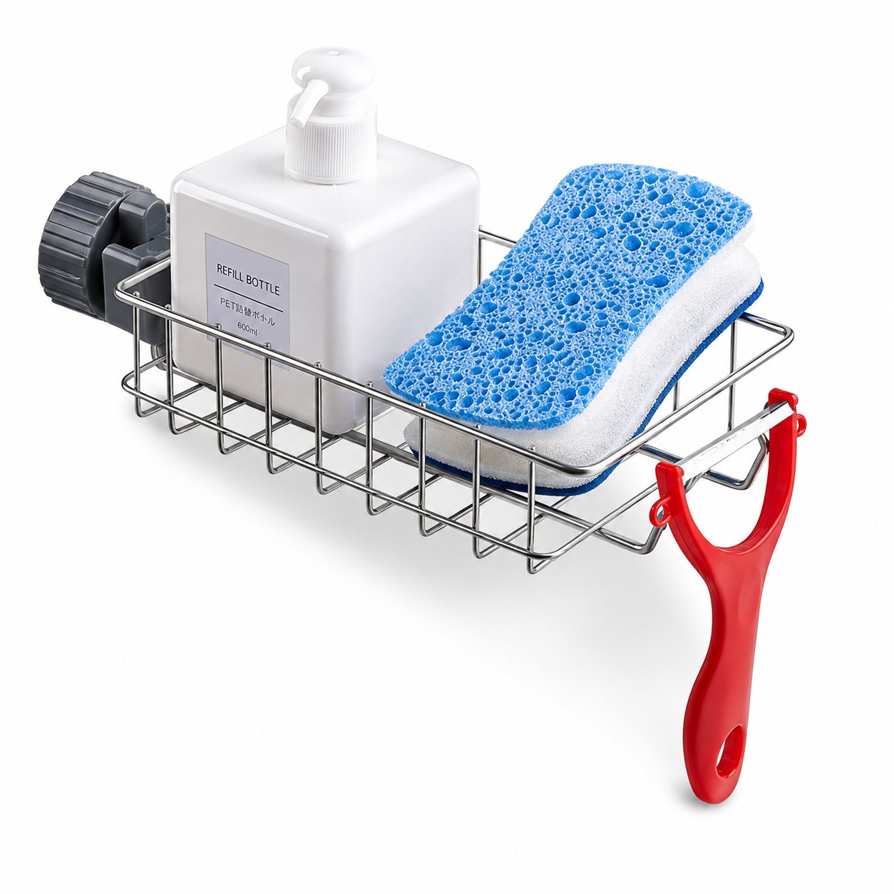 Stainless Steel Faucet Sponge Holder – Kitchen Sink Caddy for Dish Soap & Sponge Storage