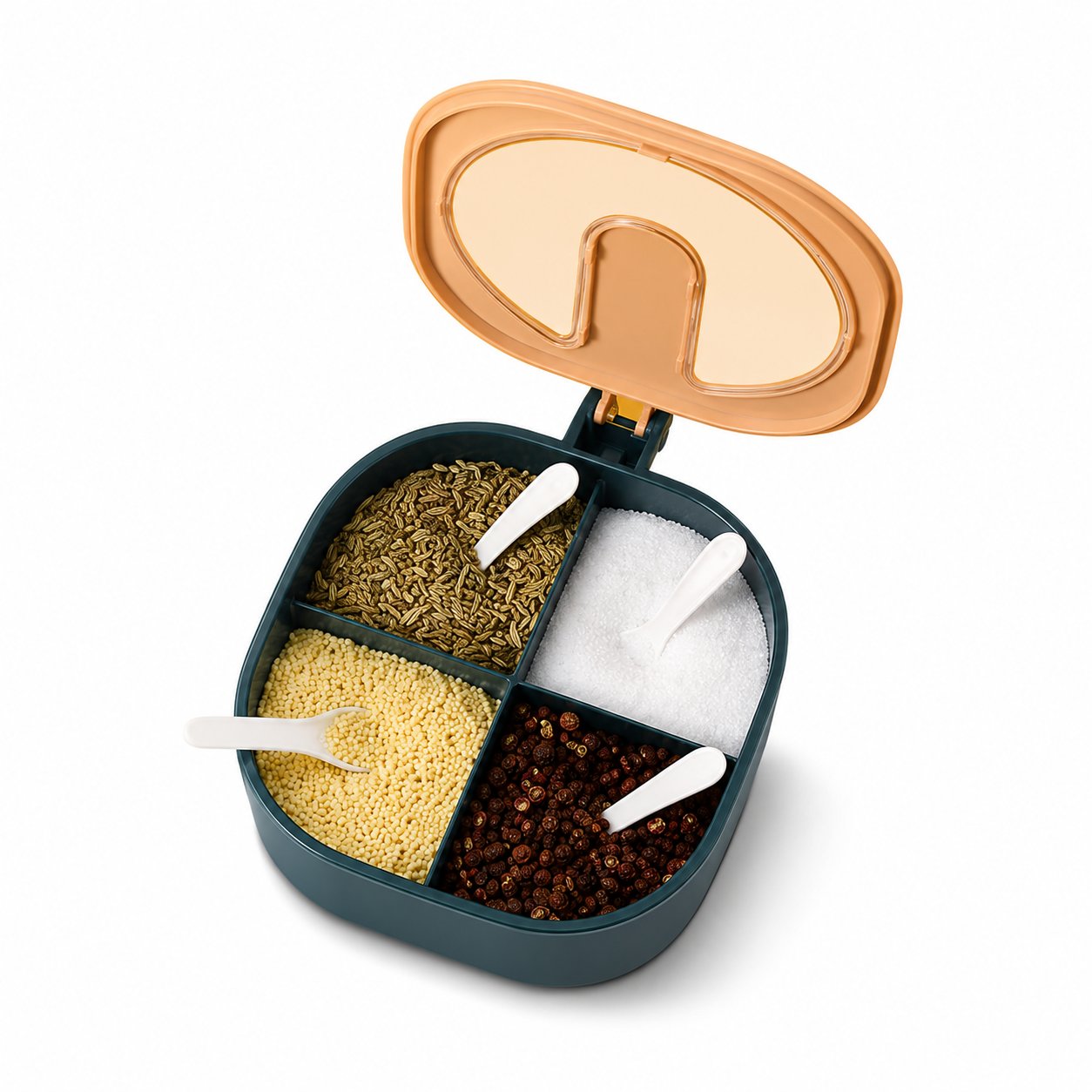 4-Section Spice Storage Box with Lids & Serving Spoons | Kitchen Organizer Containers