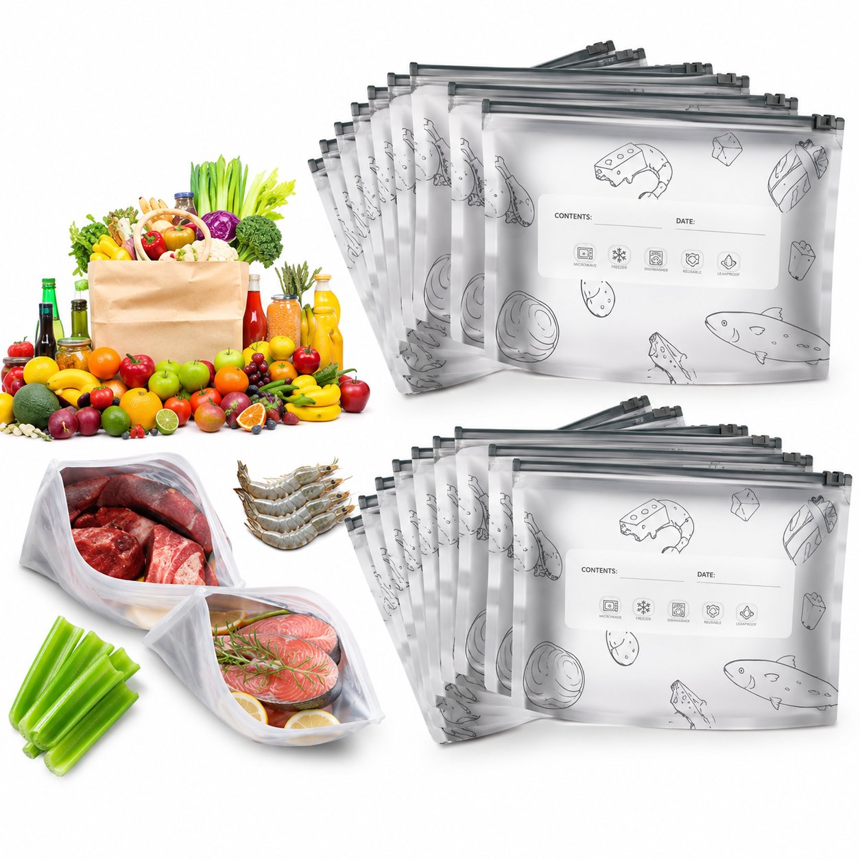 10Pcs/Bag Large Capacity Aluminum Foil Food Bag Leakproof Freezer Safe Kitchen Fresh Bag Fresh-keeping Reusable Zip Lock Bag
