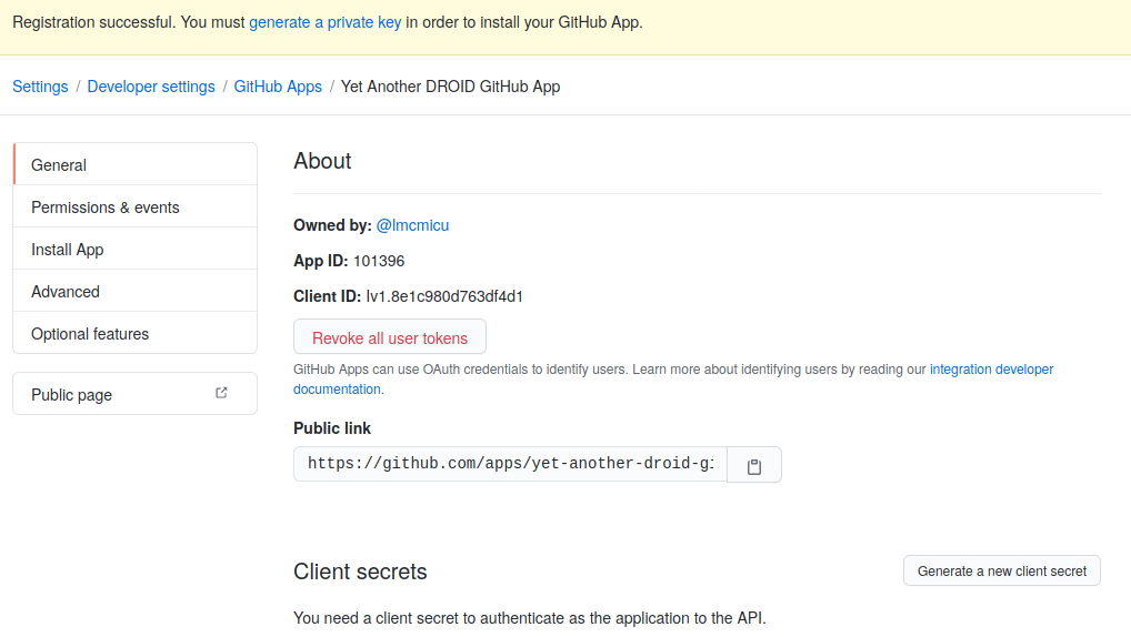 Screenshot of successful GitHub App Creation