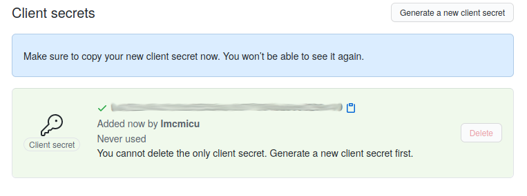 Screenshot of client secret generation