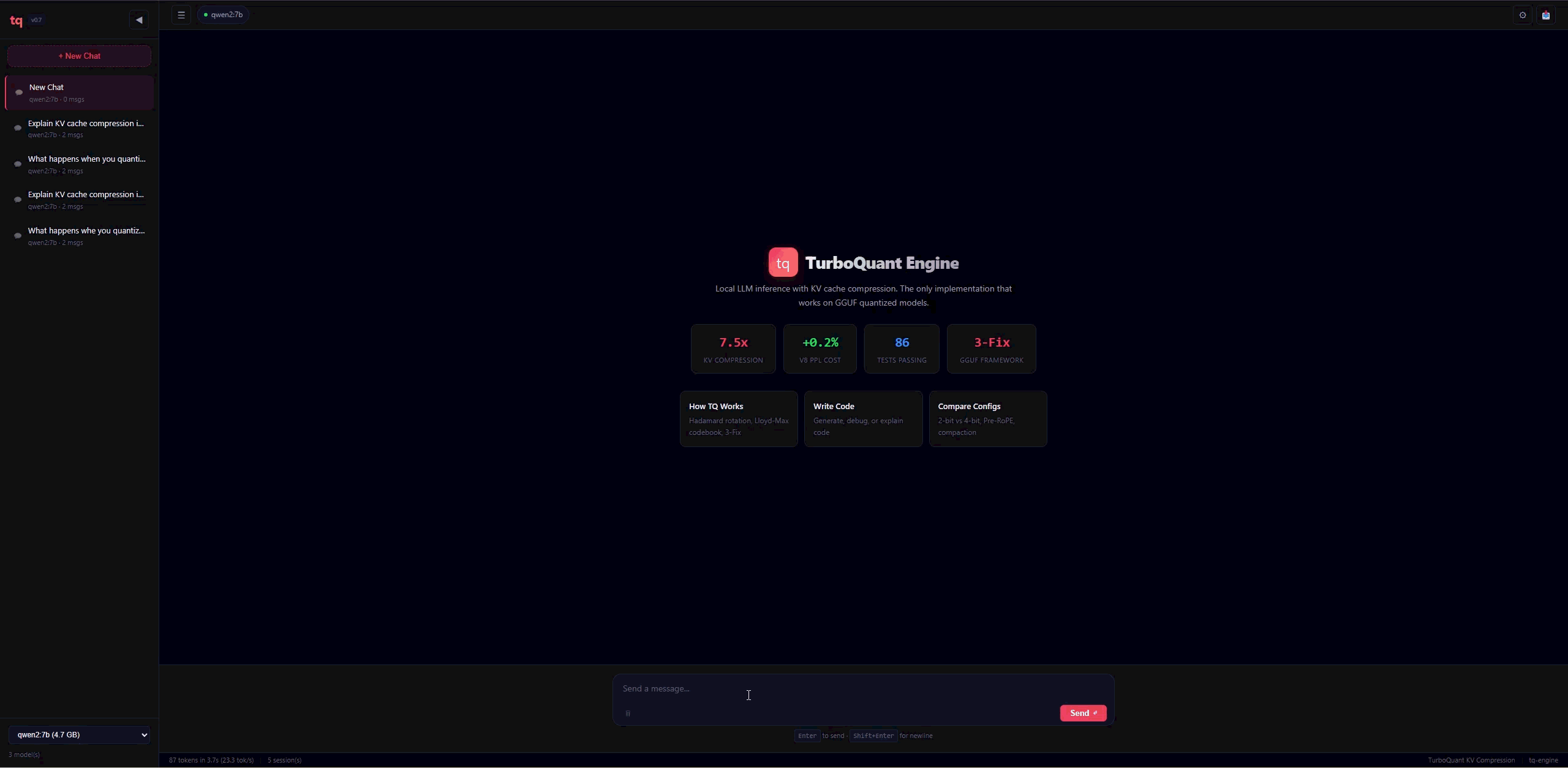 tq-engine Web UI demo — Qwen2.5 7B with TurboQuant 4-bit KV compression
