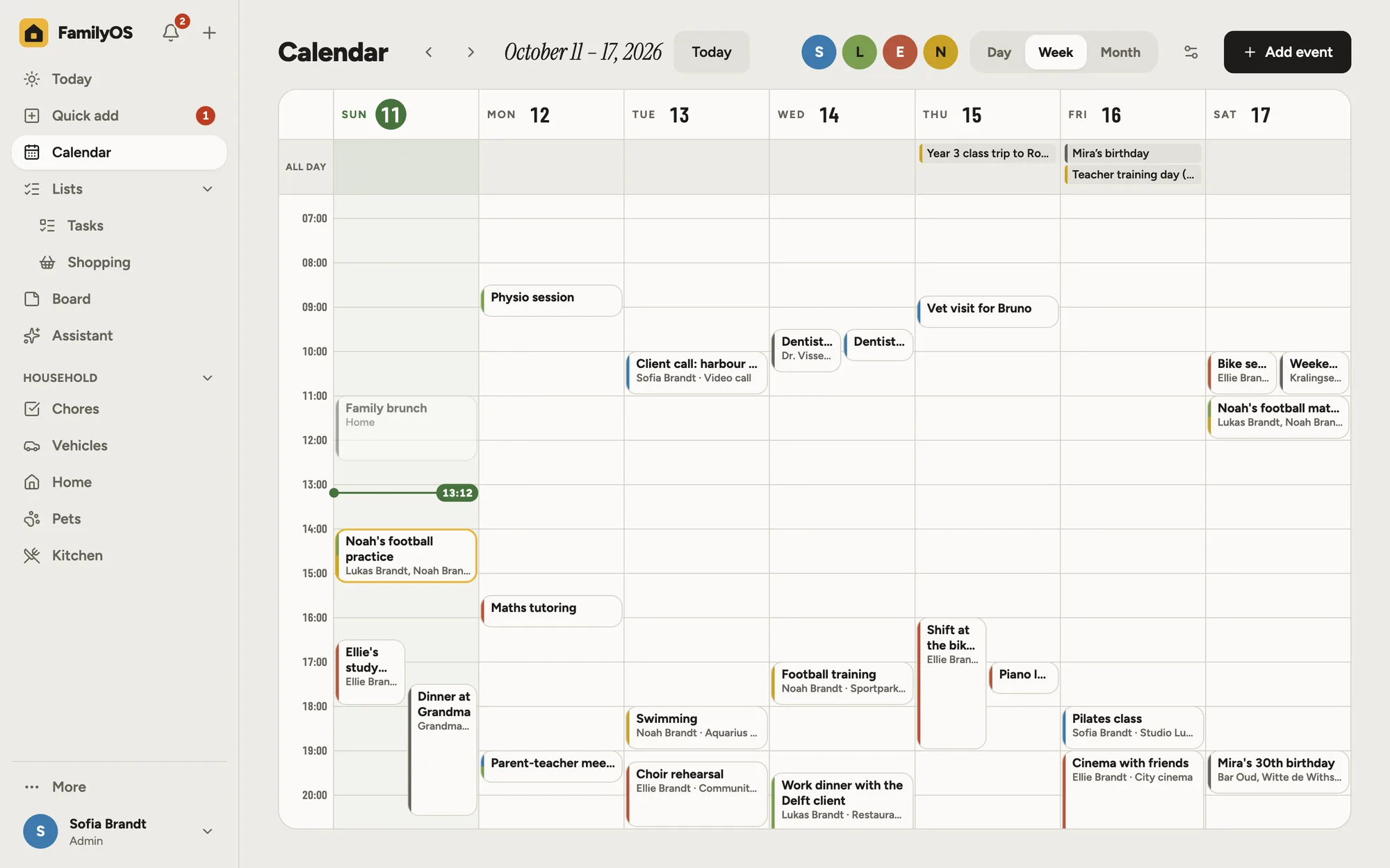 The week calendar with each person's events in their colour