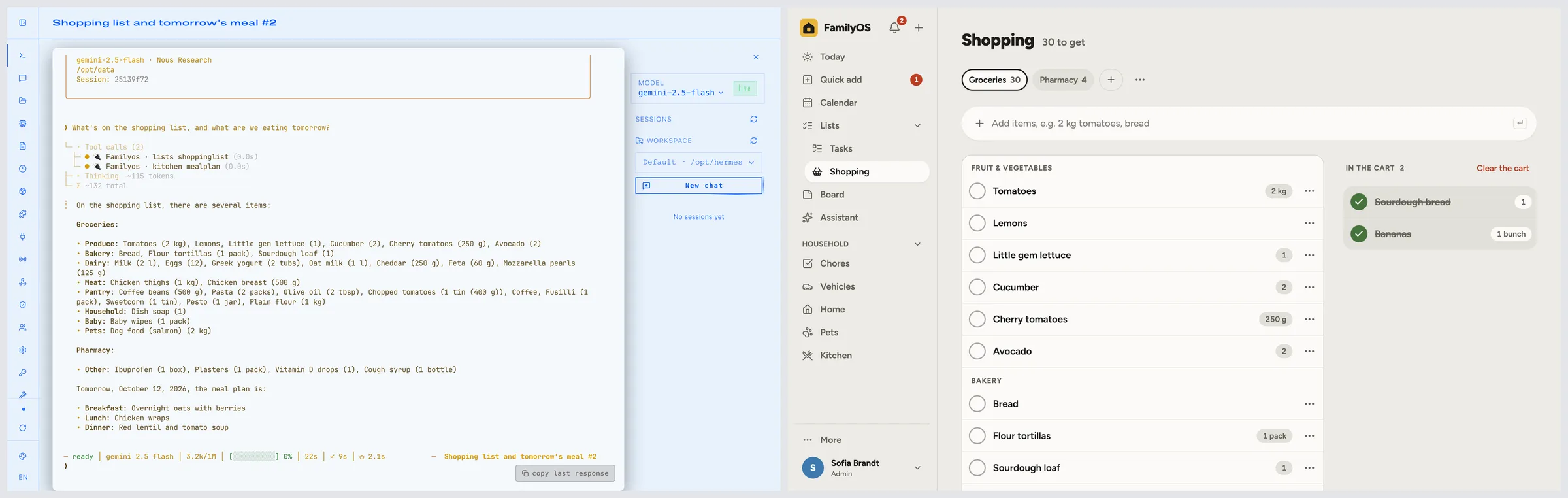Hermes Agent answering from FamilyOS's shopping list and meal plan, next to FamilyOS