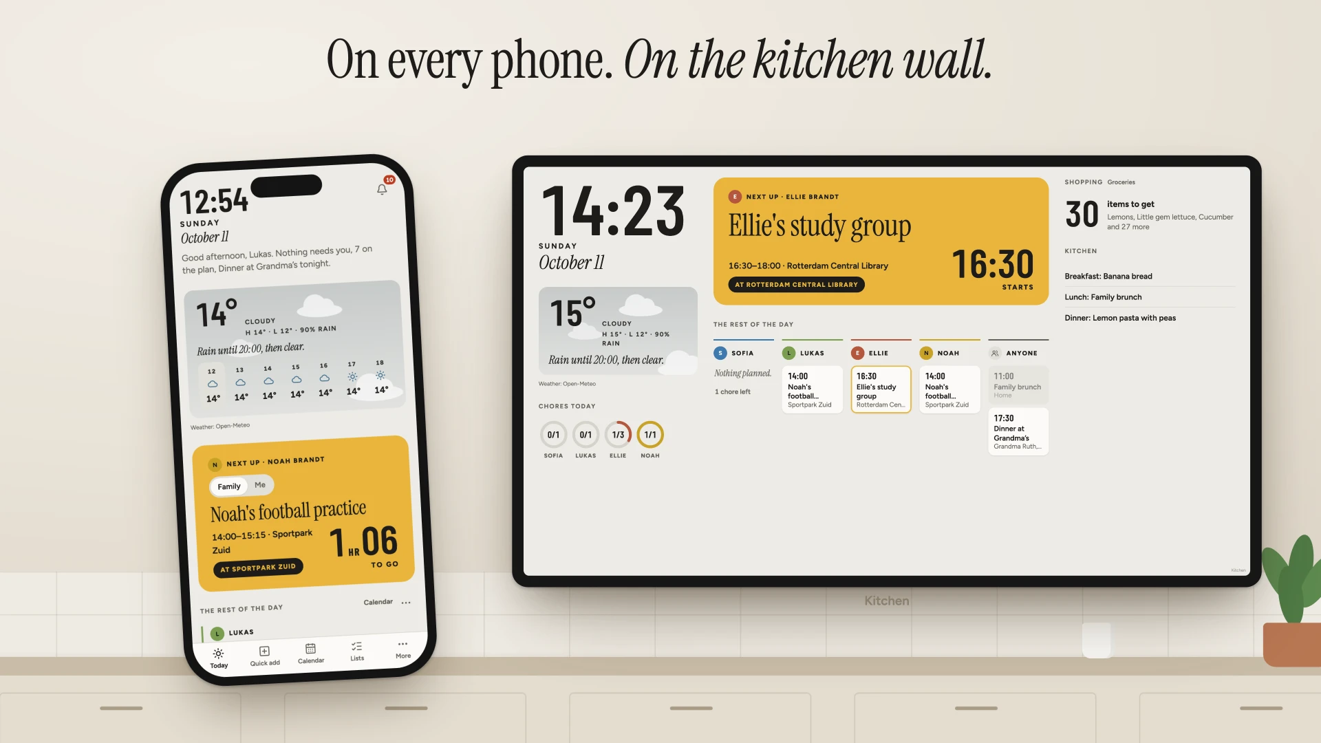 FamilyOS on a phone and on a display on the kitchen wall: the time, the weather, the next thing, each person's day, chores, shopping and meals
