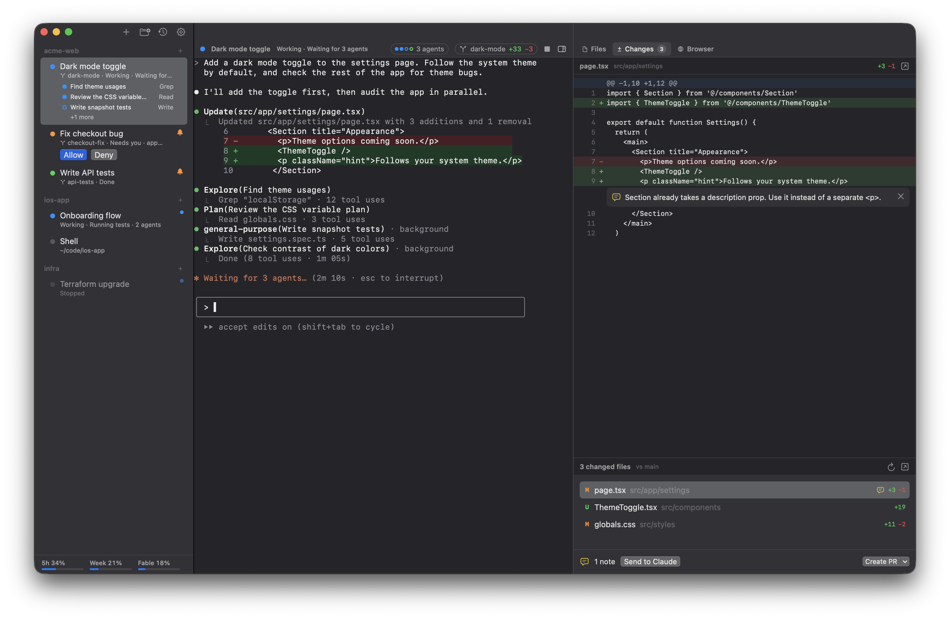 omux with a worktree session running three subagents, a session waiting on Allow or Deny, and the Changes tab showing the diff with a review note