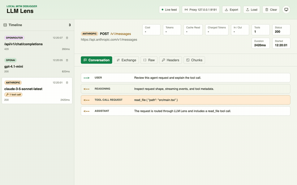 LLM Lens web UI showing captured LLM requests