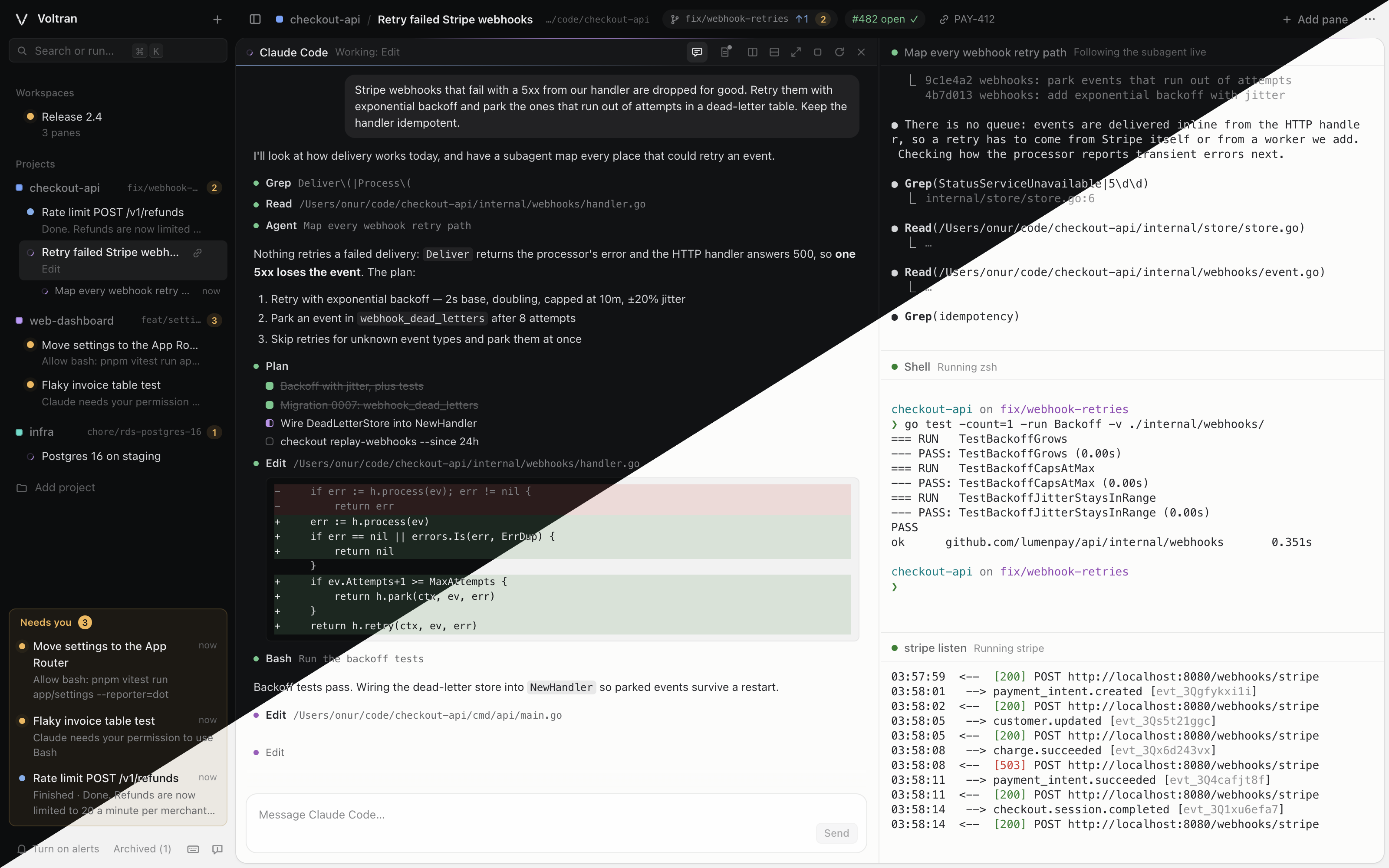 Voltran with a Claude Code session shown as a conversation, next to its subagent, a shell and a webhook listener, split diagonally into the dark and light themes