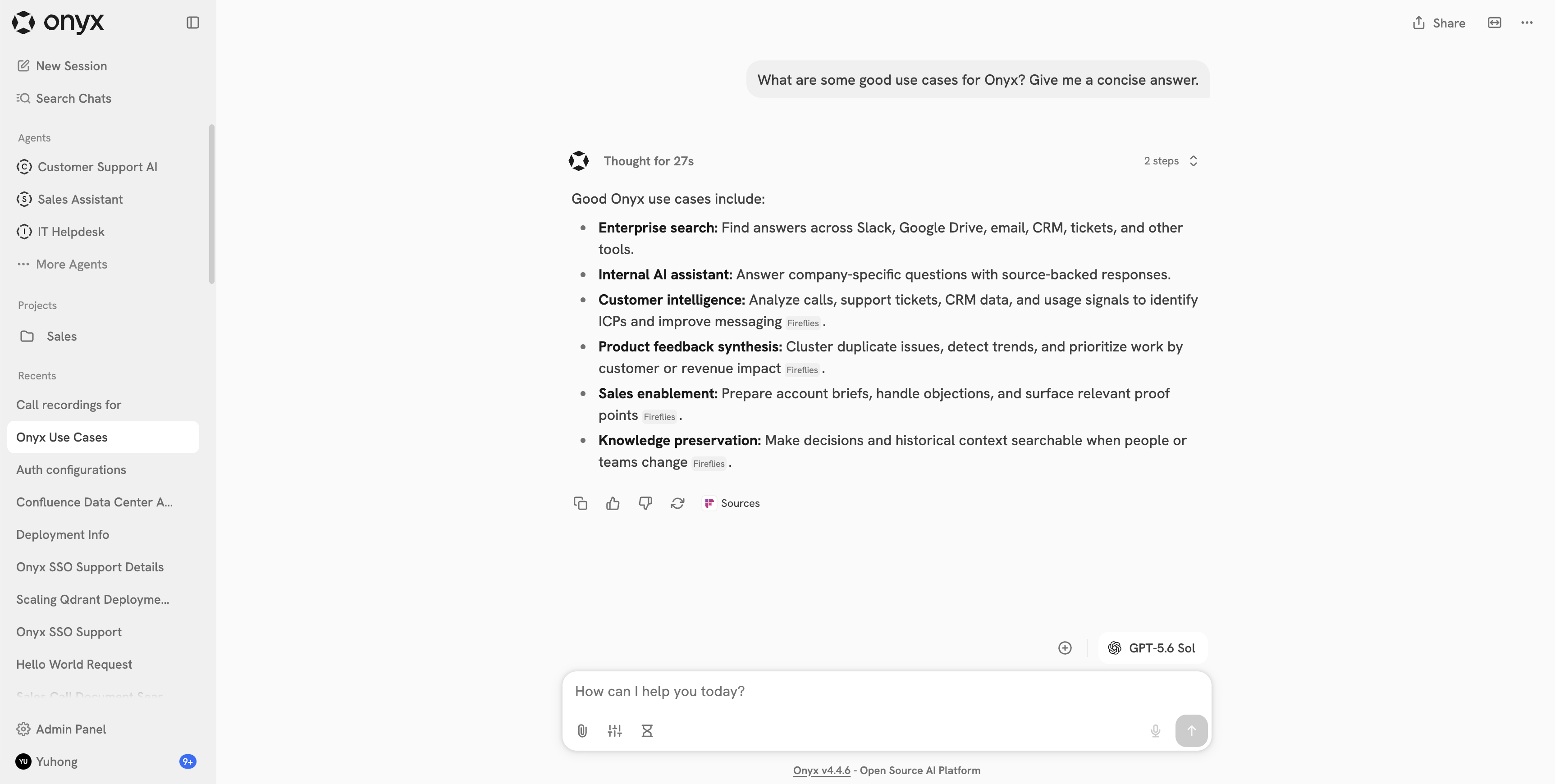 Onyx chat answering a question about use cases