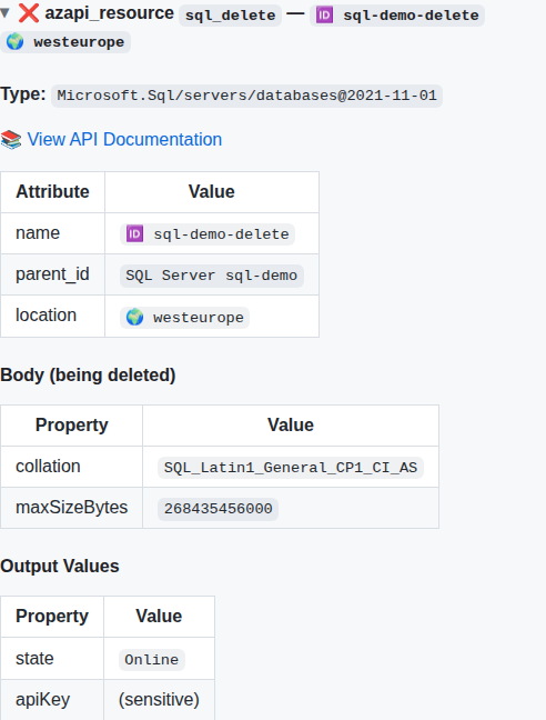 Delete resource with Output Values (sensitive)
