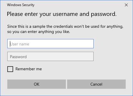 A credential dialog as it appears on Windows 10