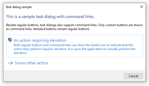 A task dialog with command links as it appears on Windows 10