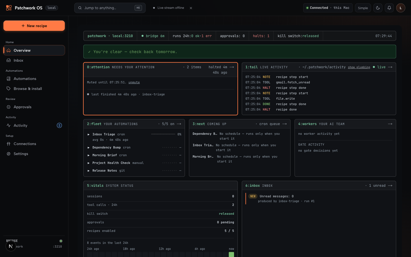 Patchwork OS dashboard — connected bridge, live telemetry, and a 45-recipe library