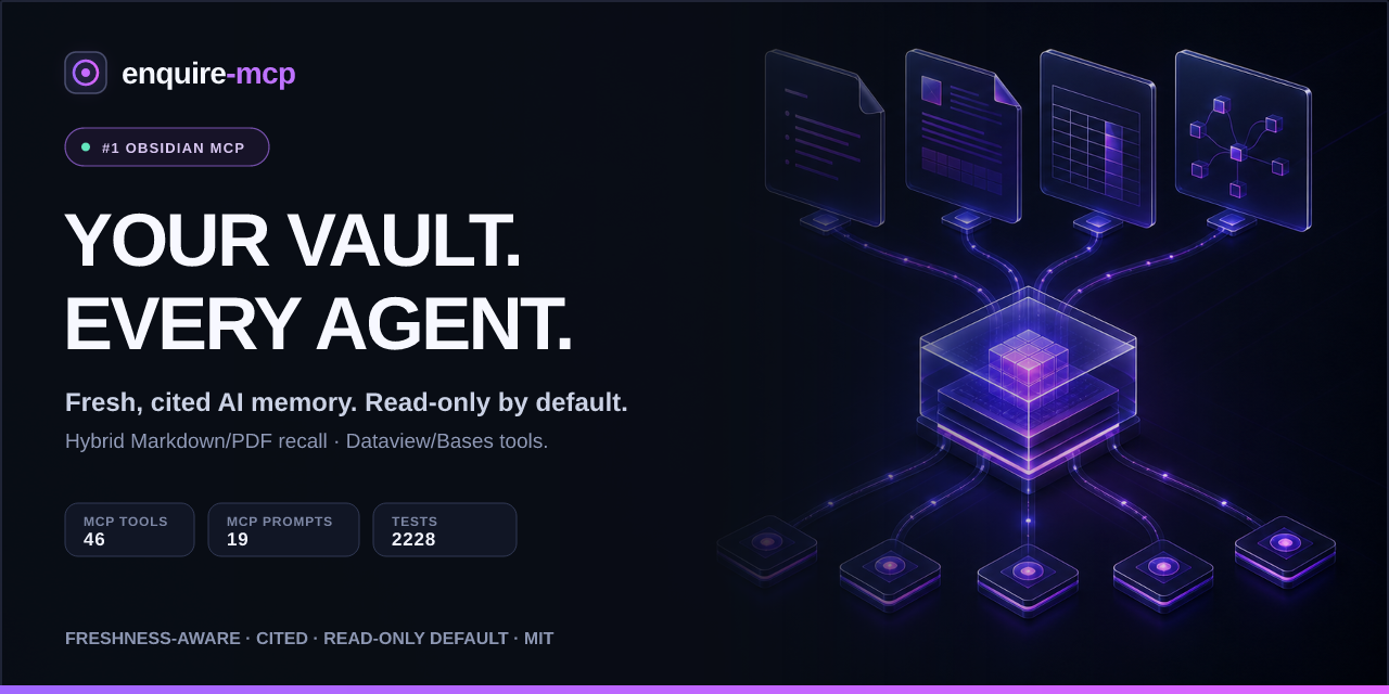 enquire-mcp — the #1 Obsidian MCP for freshness-aware, cited AI memory. Hybrid Markdown and PDF recall plus structured Canvas, Dataview, and Bases tools; read-only by default.