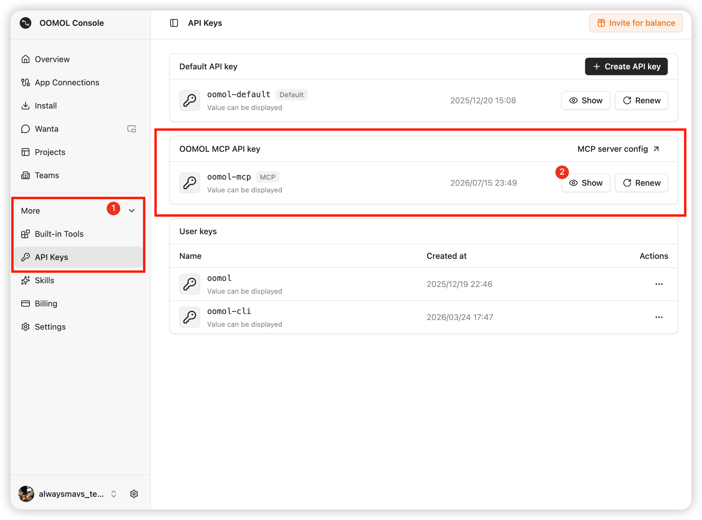 Get the OOMOL MCP API key in OOMOL Console