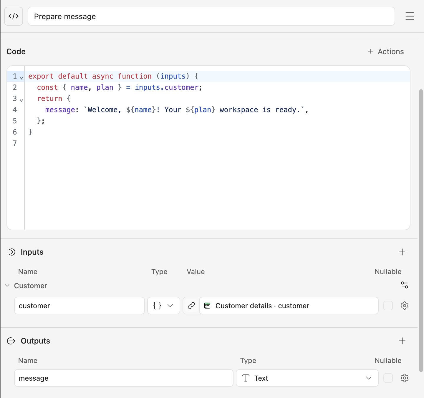 The current Code Task property panel showing JavaScript, a customer input source, and a typed message output