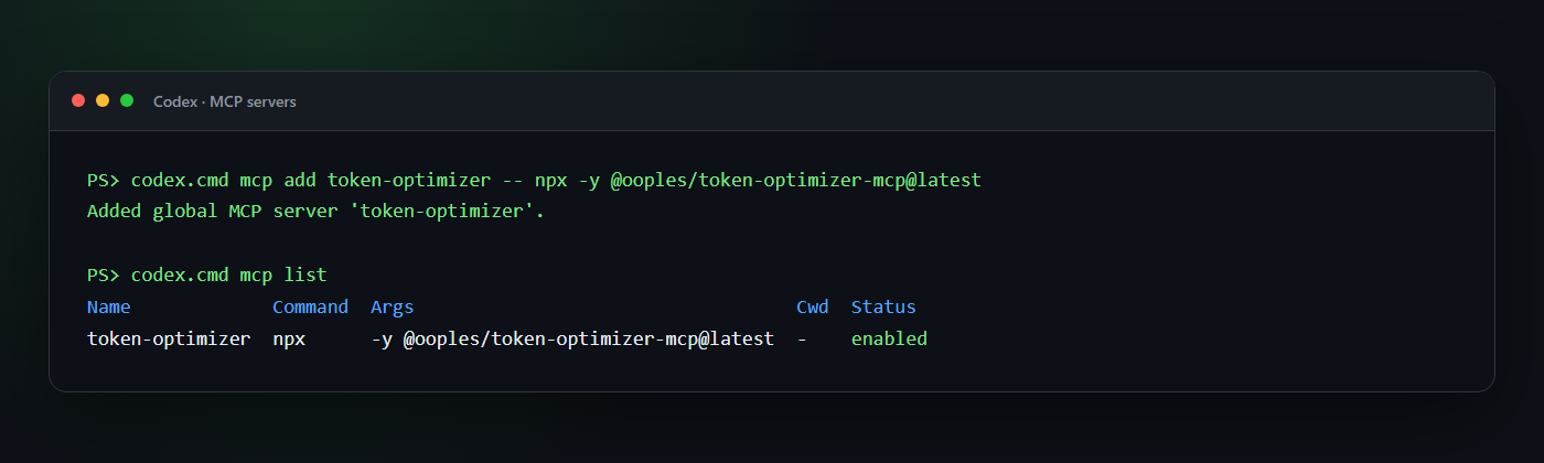 Codex MCP list showing token-optimizer installed and enabled