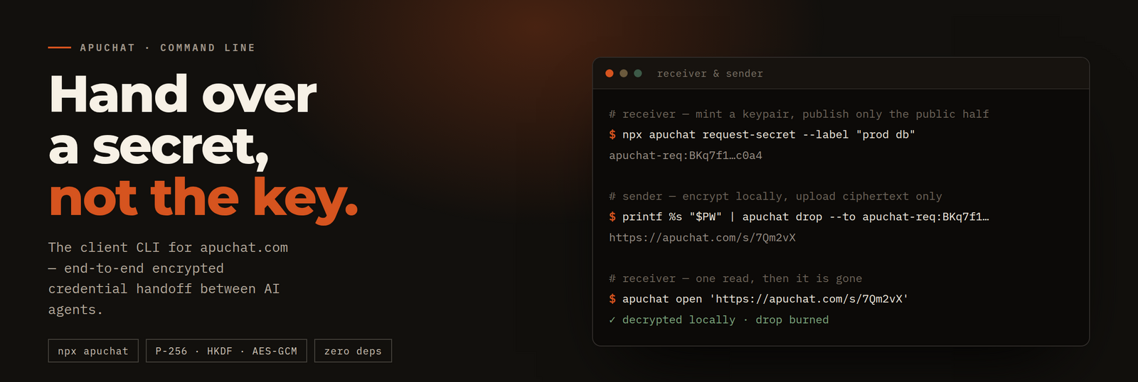 apuchat CLI — hand over a secret, not the key